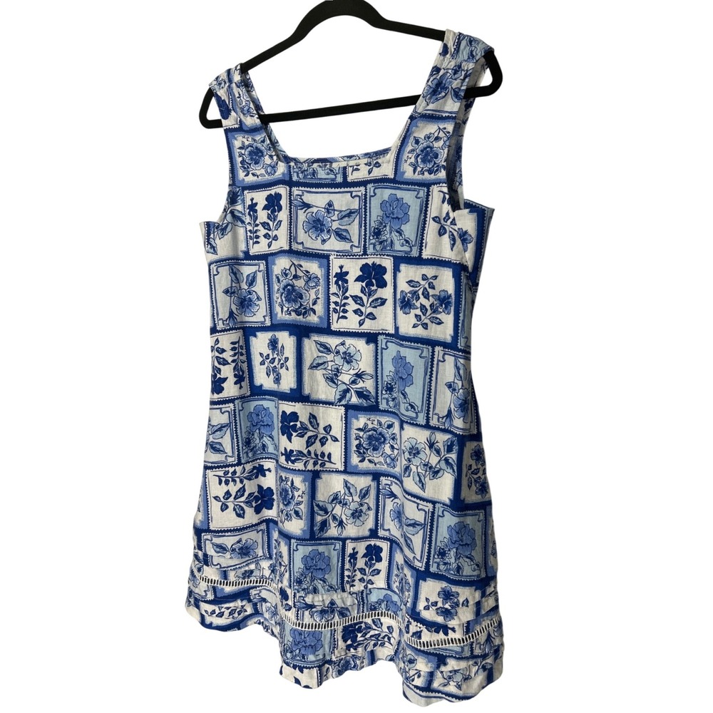 Joie Linen Blend Floral Stamp Print Mini Shift Dress w Pockets Blue White Size S
